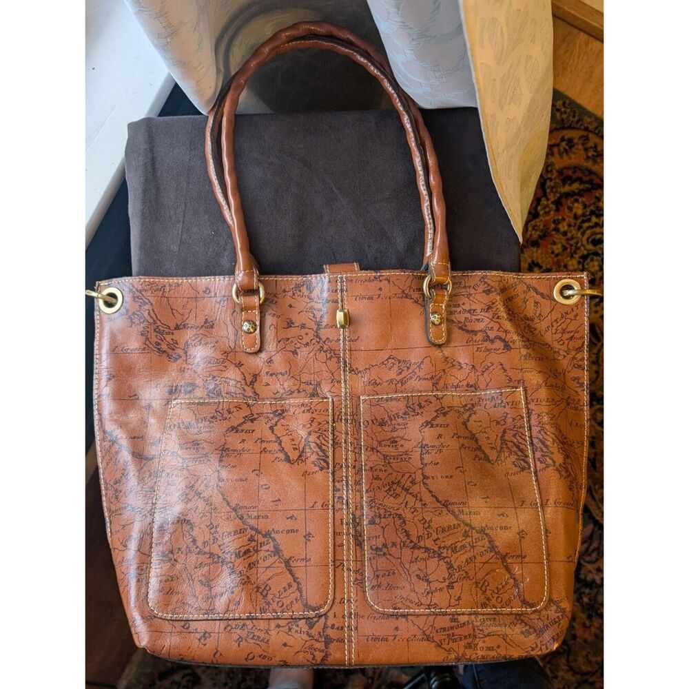 Patricia Nash Poppy Tote Bag - Brown Leather Vintage European Map Print